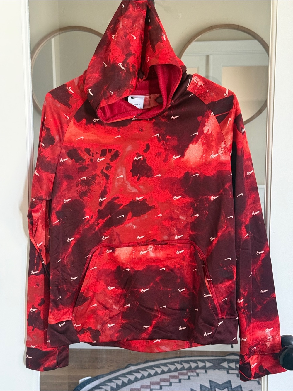 Nike Red & Dark Red Kids Hoodie with All-Over Swoosh Print